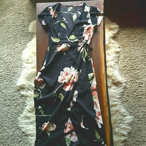 Black floral wrap dress